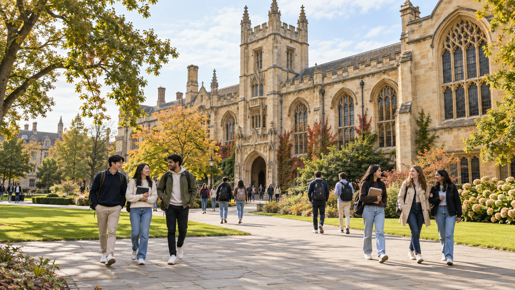 Students walking through a historic university courtyard