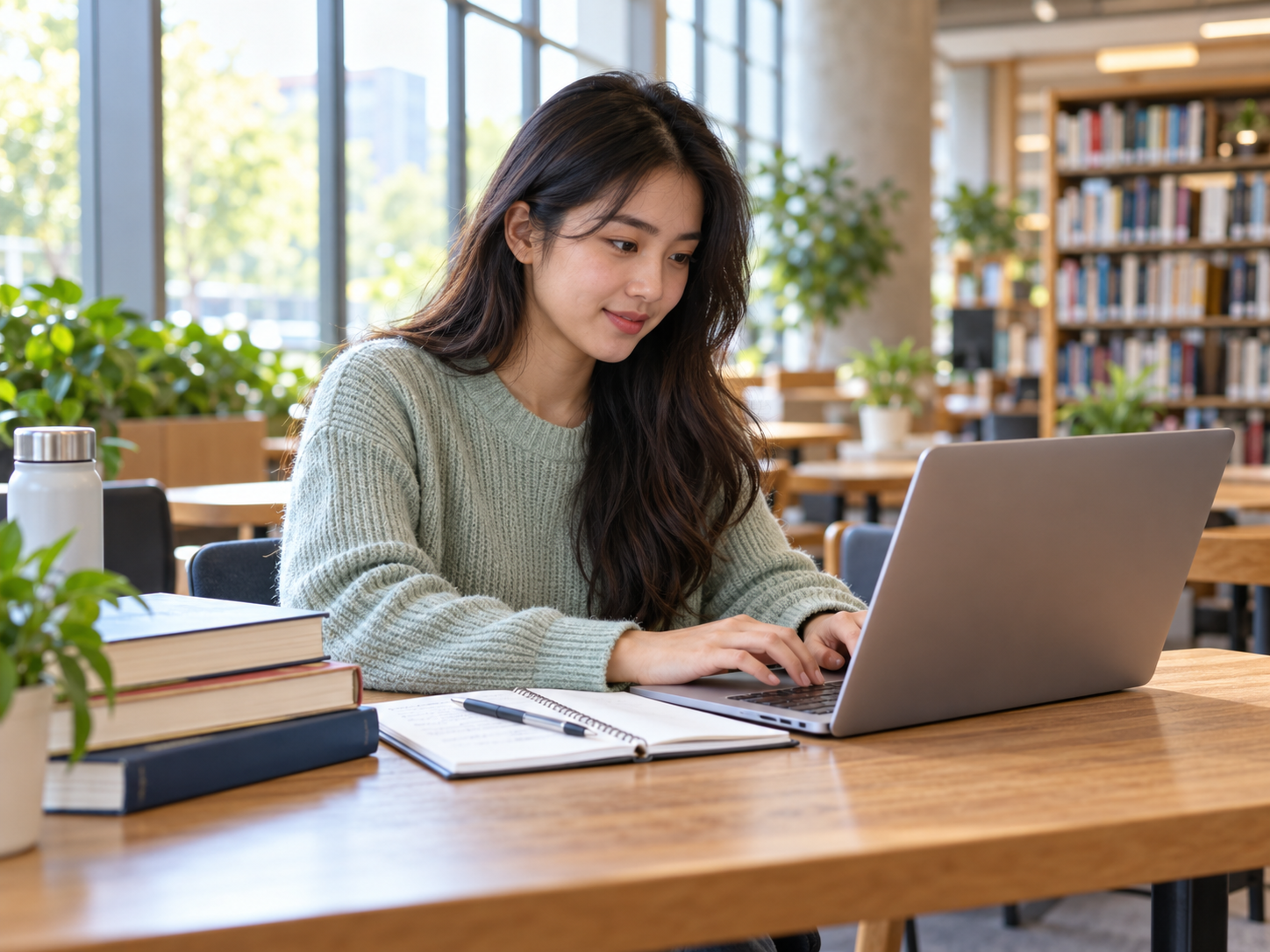 Focused university student studying on laptop