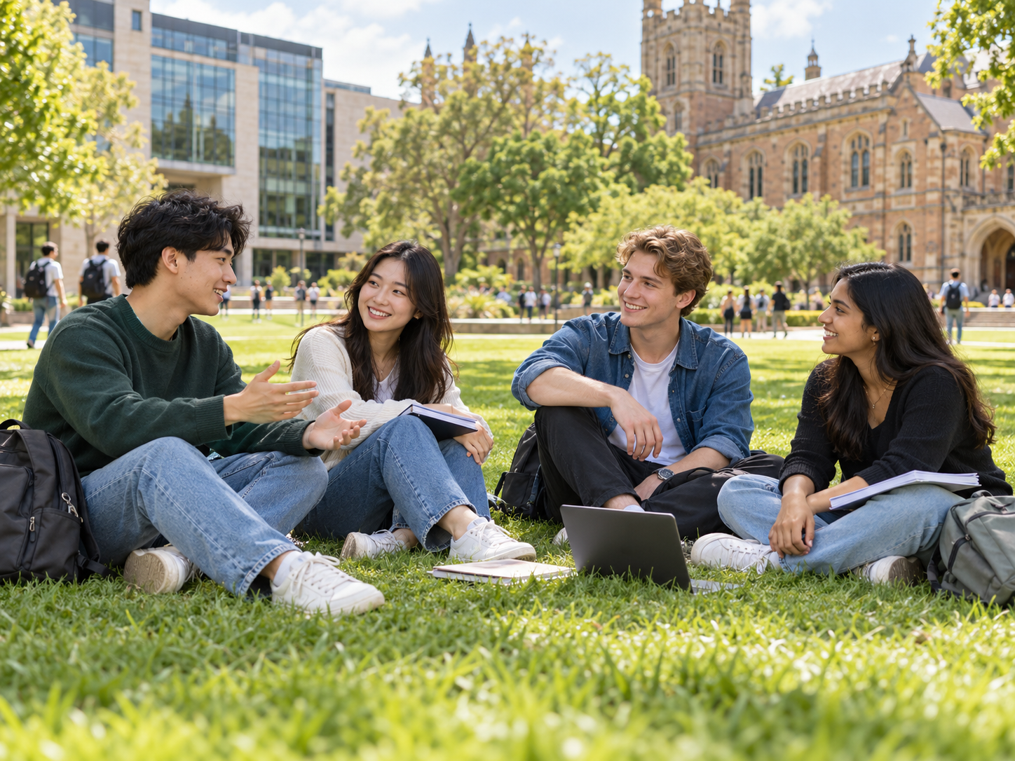 Friends chatting on a sunny campus lawn