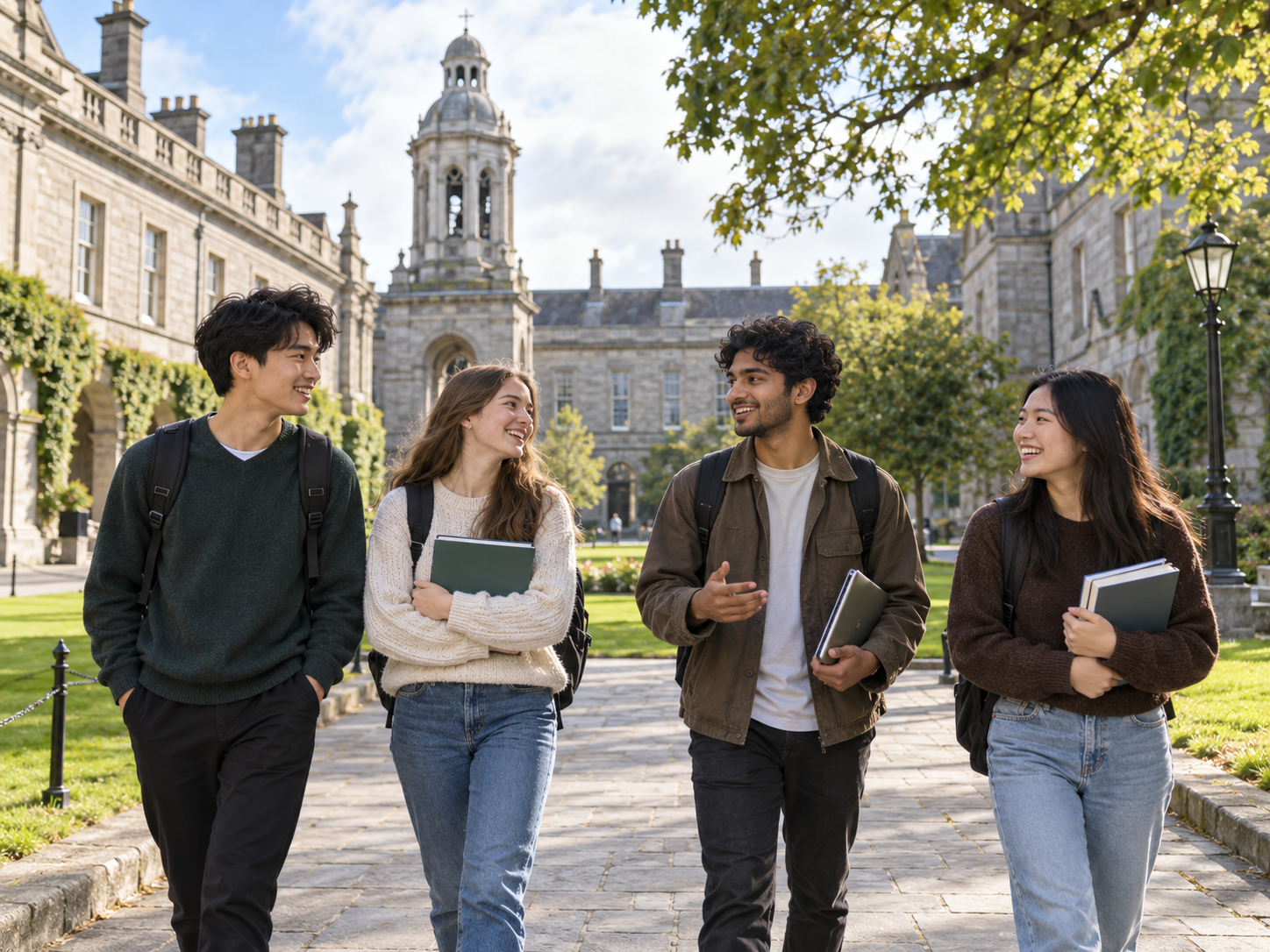 Students walking through an Irish-inspired university courtyard with historic stone buildings