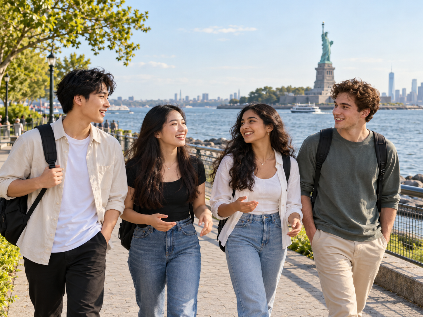 Students Stroll by the Statue of Liberty