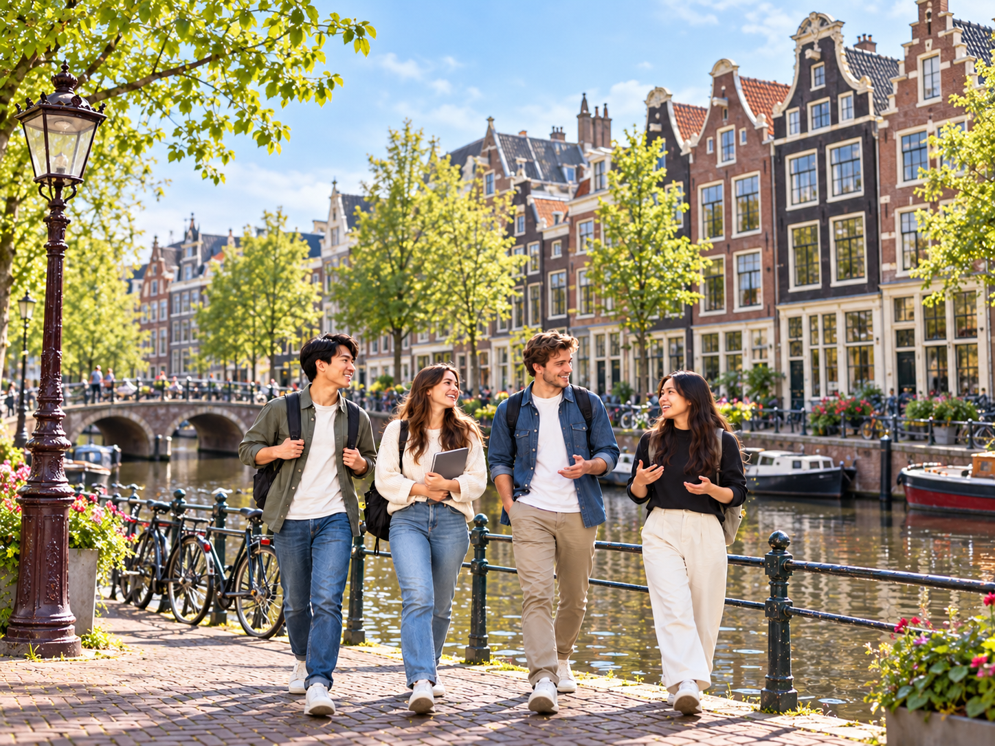 Students walking beside an Amsterdam canal with historic Dutch buildings