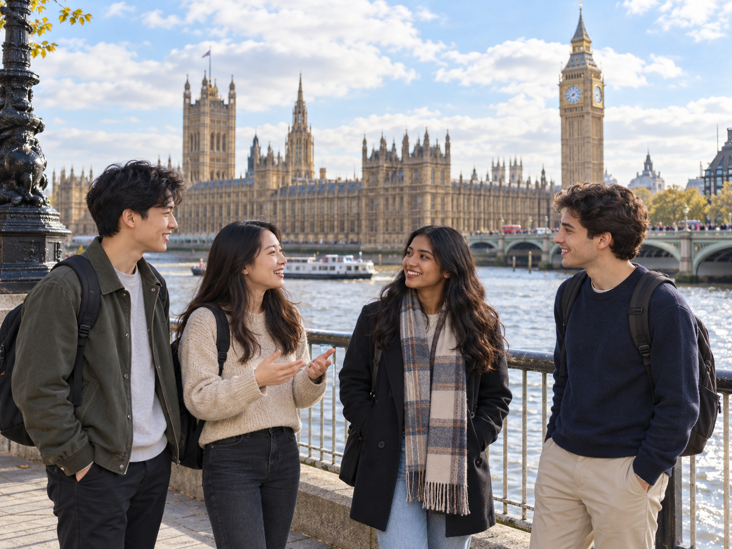 Students by the Thames with Big Ben
