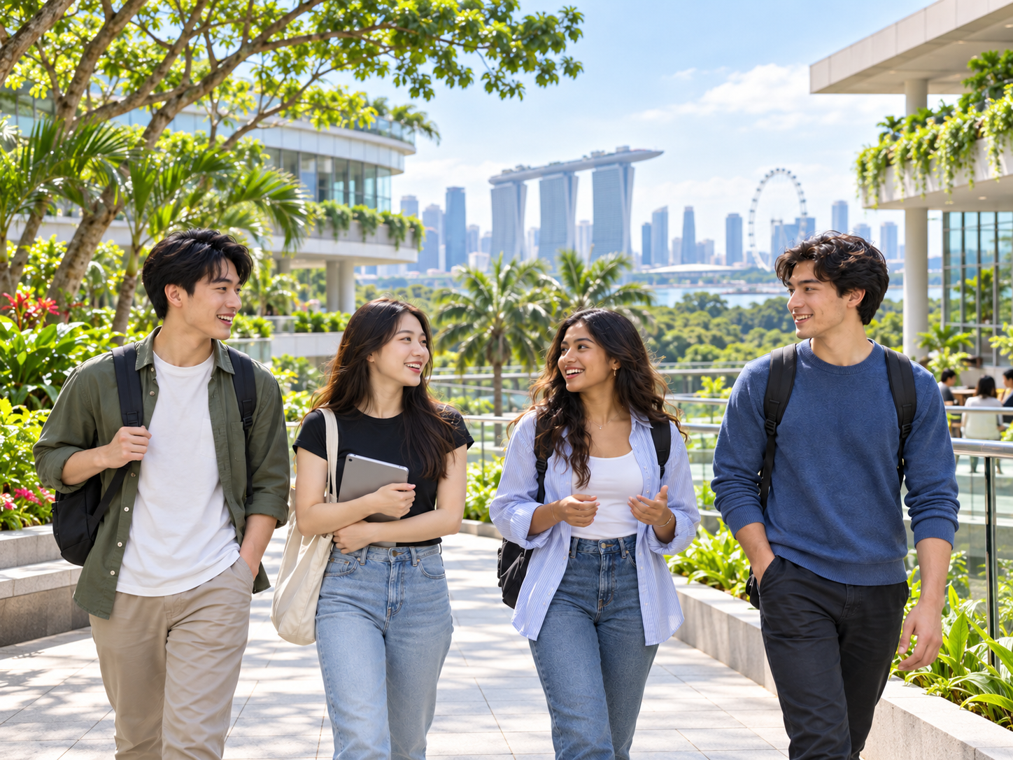 Students walking on a leafy terrace with Singapore’s skyline in the background.
