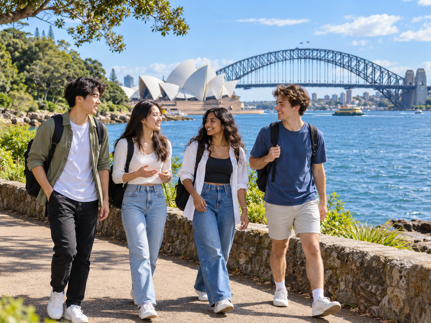 Students strolling by Sydney Harbour