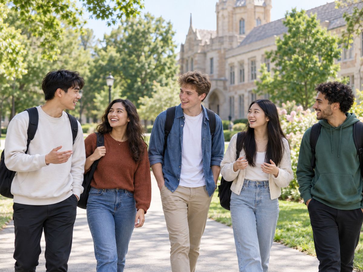 Five students walking together on a university campus